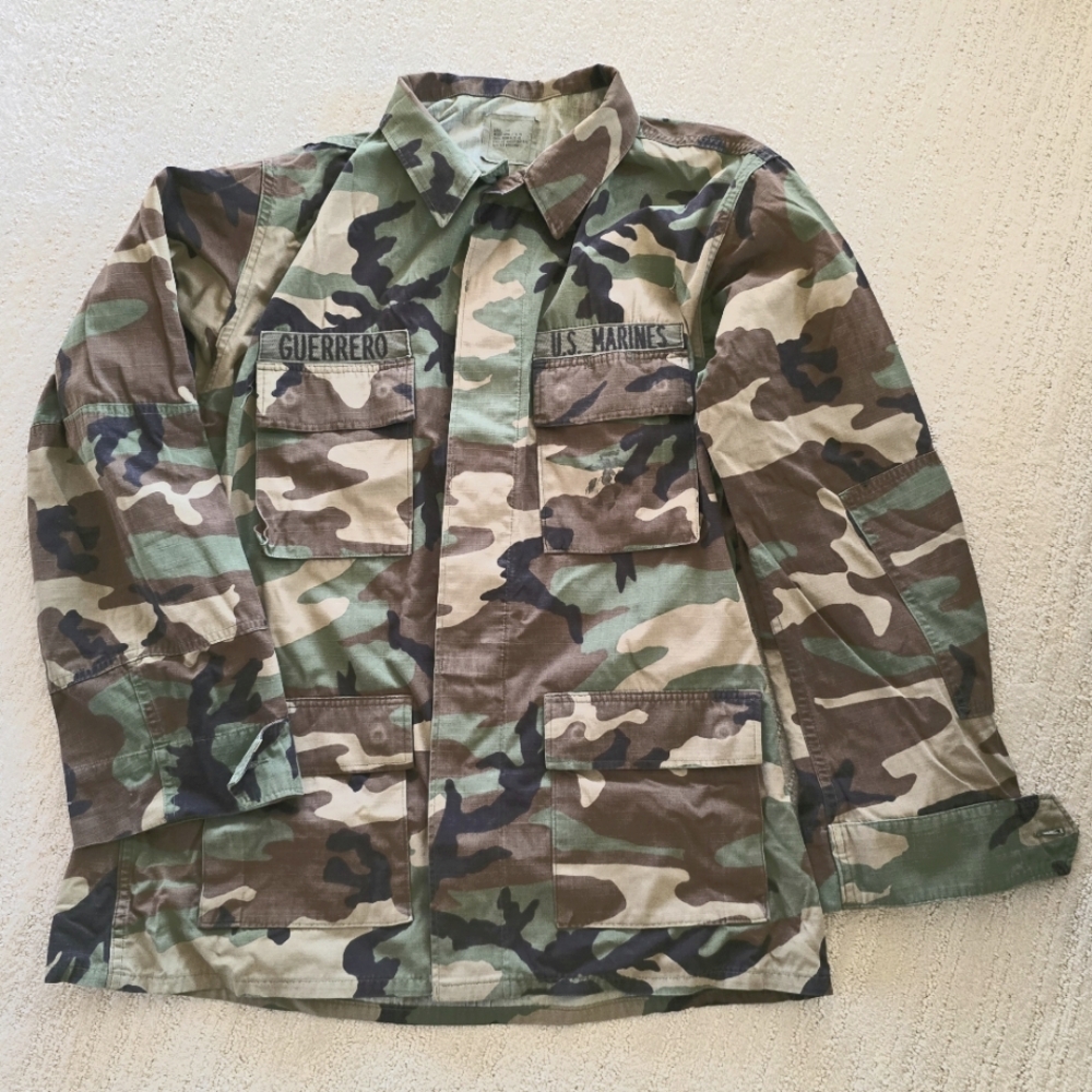 🇺🇸 US MARINES Military Camo Cargo Jacket Shirt Large Long Woodland Combat B